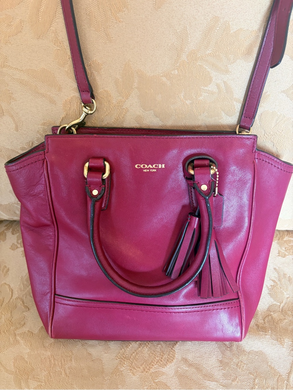 COACH Leather Shoulder Tote with Tassel Accent